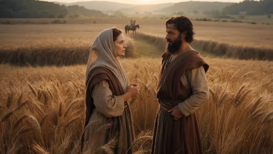 Ruth and Boaz talk in a wheat field in ancient Israel.