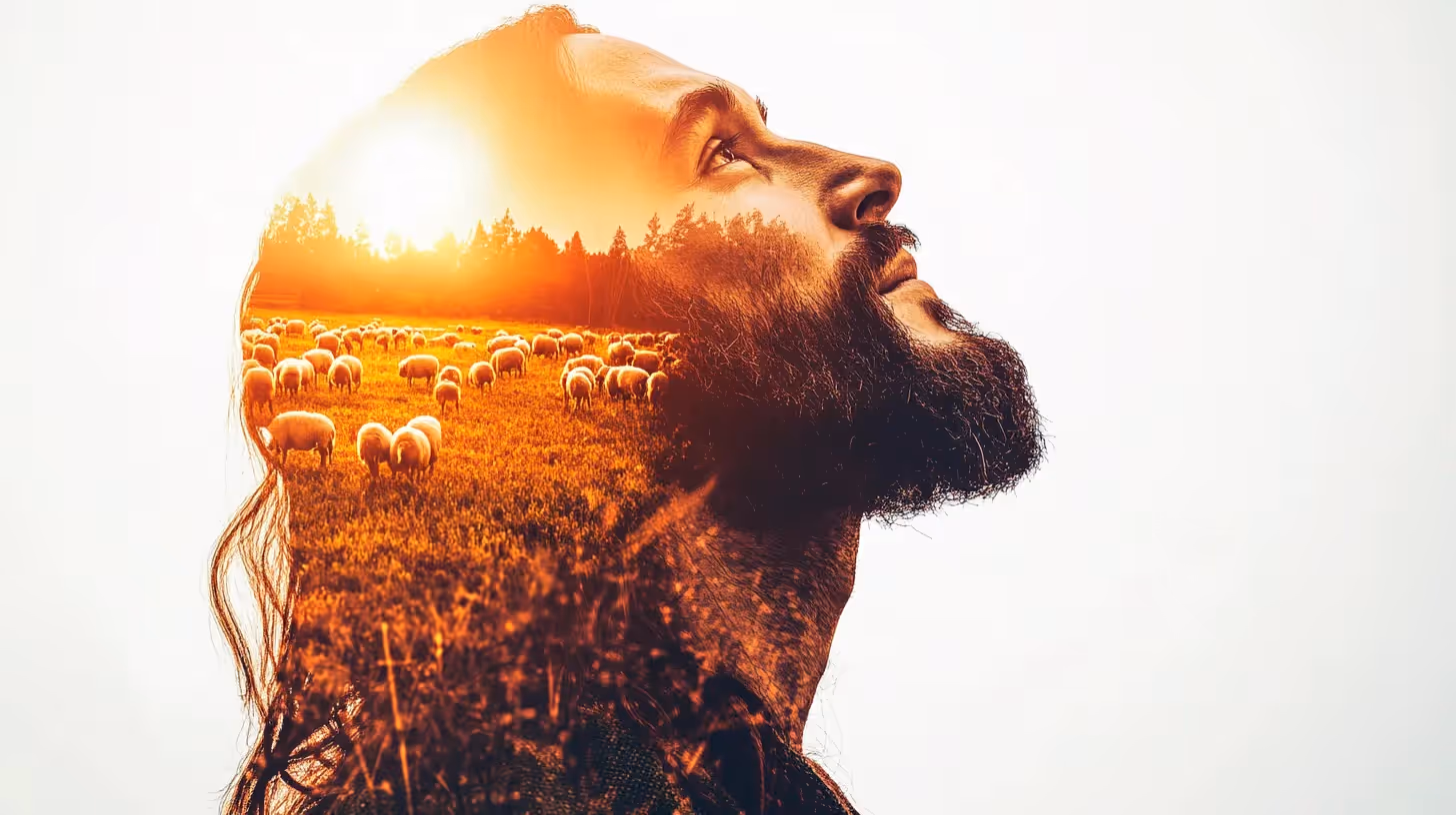 A double exposure of Jesus and a field of lambs.