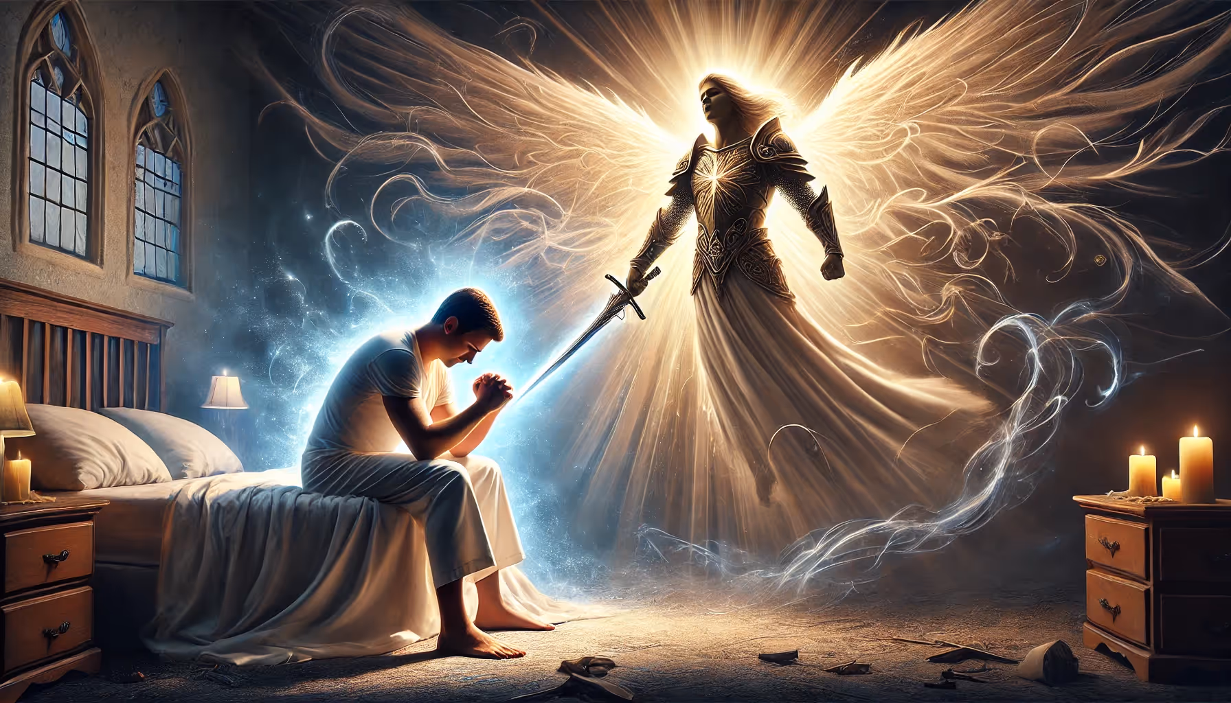 A man prays and helps an angel win his battle.