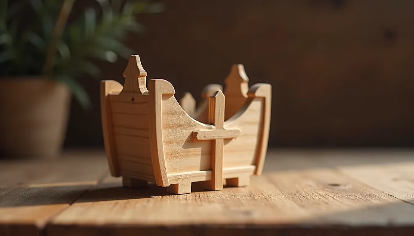 Eye-level view of a wooden ark model on a rustic table