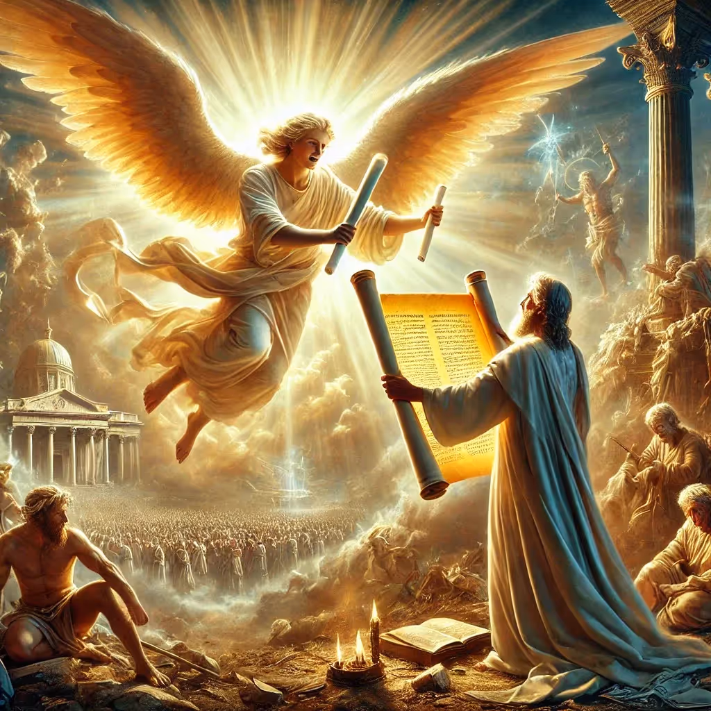 An angel brings the scroll to John.