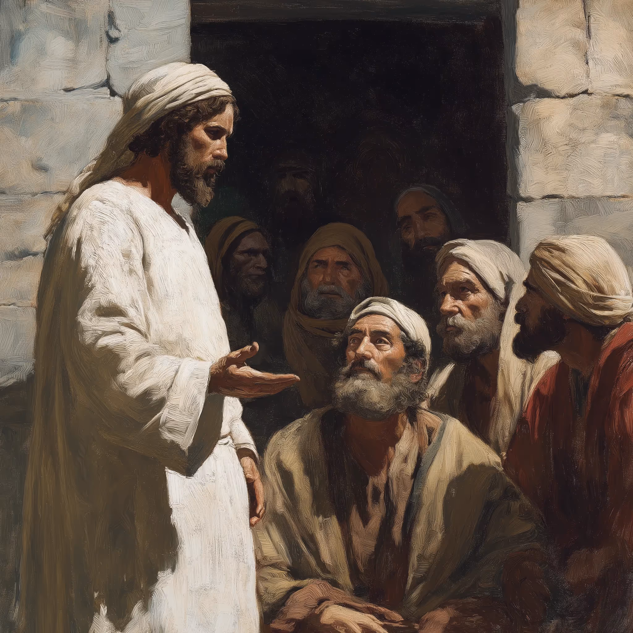 Jesus talking with John, Peter and His disciples on not knowing the day or the hour of His return.