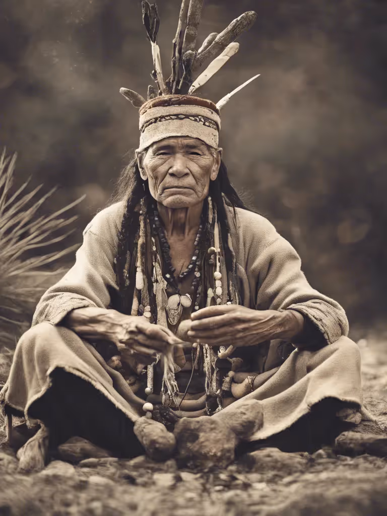 A shaman sitting down in the wilderness.