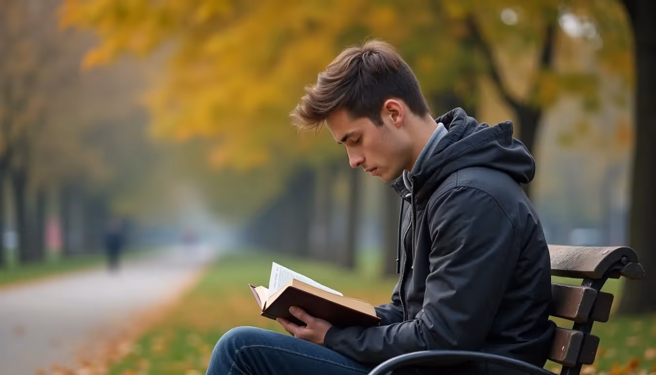 Eye-level view of a young man reading a Bible in a quiet park