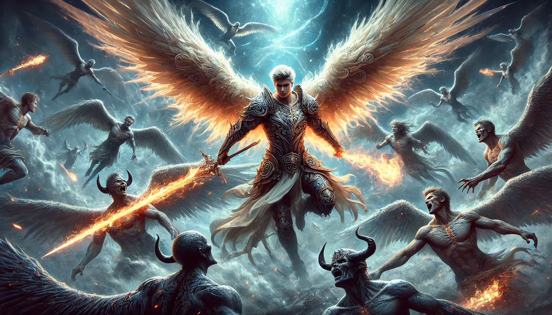 An angel defeating demons