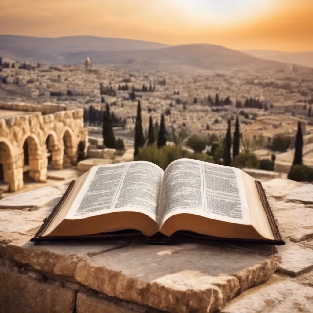 An open Bible lays open on a stone altar. 