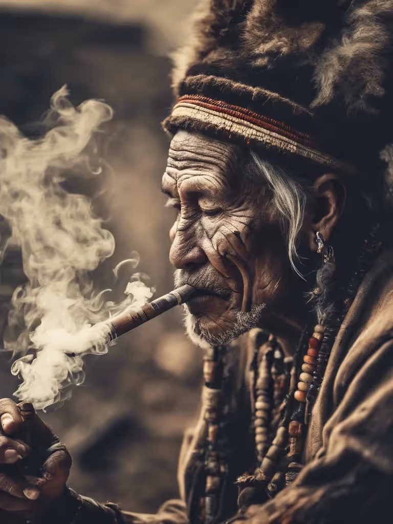 A shaman smokes a peace pipe. 