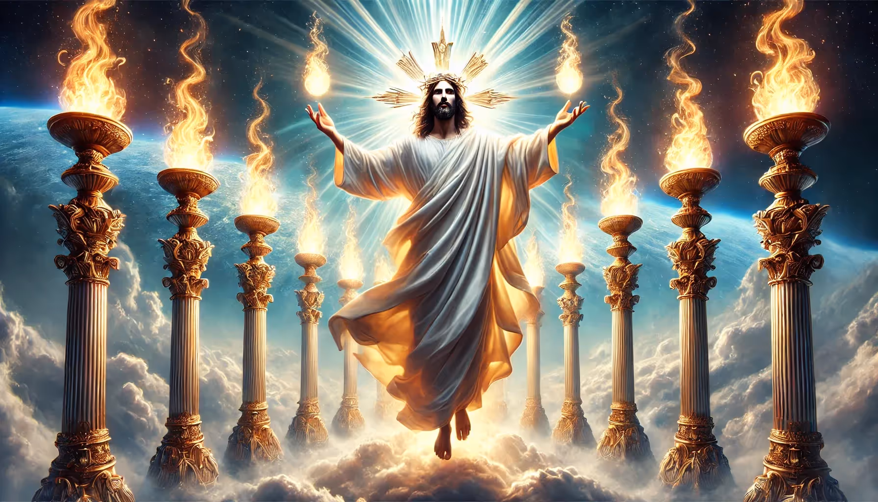 Jesus stands among the lamp stands.
